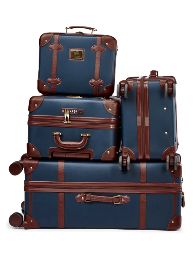 LIMRA 4-Piece Premium PU Leather Luggage Set – Luxury Travel Spinner Suitcases with Cosmetic Bag – Sizes 28/24/20/13 Inch Blue / Light Brown Color